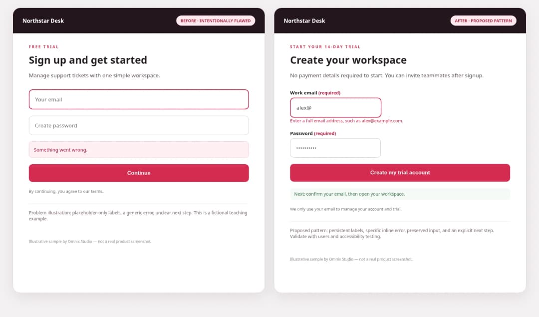 Fictional signup form before and after showing clearer error guidance