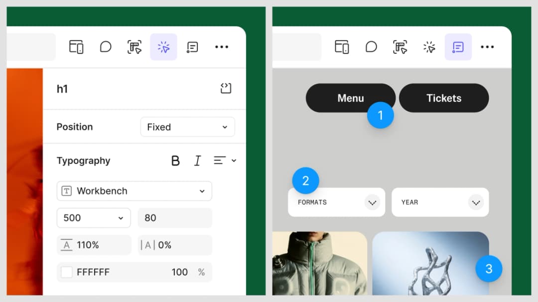 Figma Make properties controls beside a preview with numbered annotations 1, 2 and 3