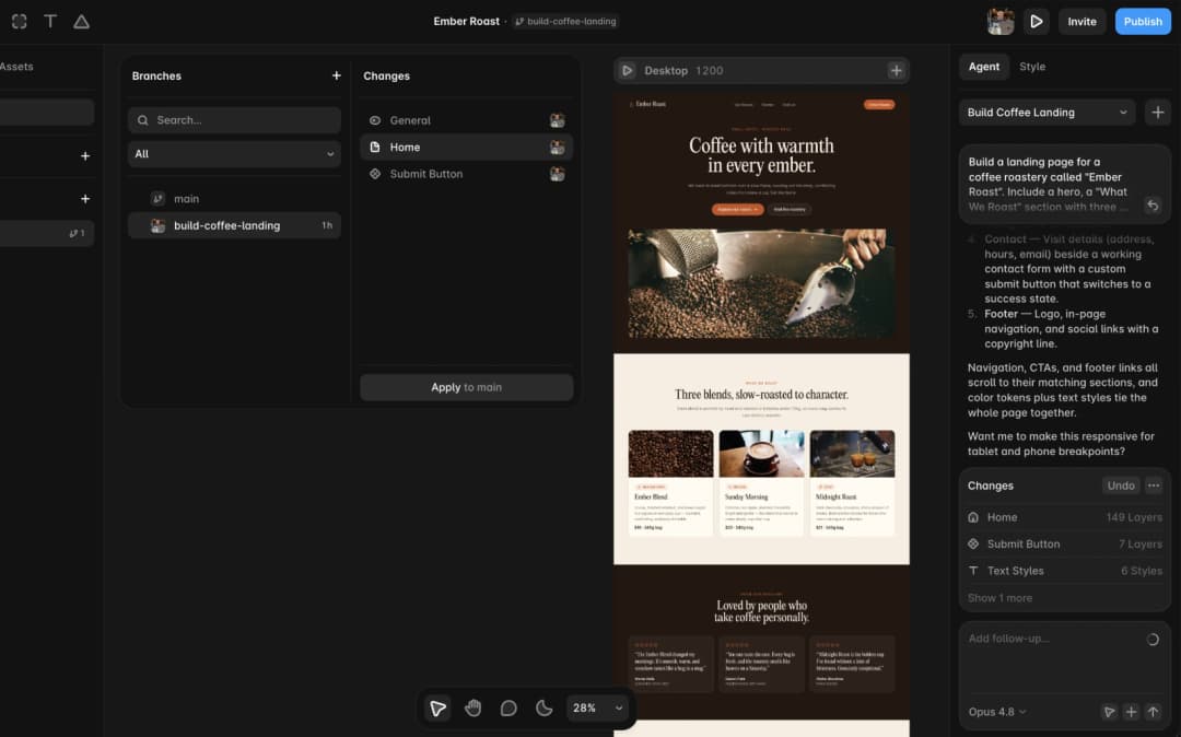 Framer Agents branch and Changes review with website preview and agent chat
