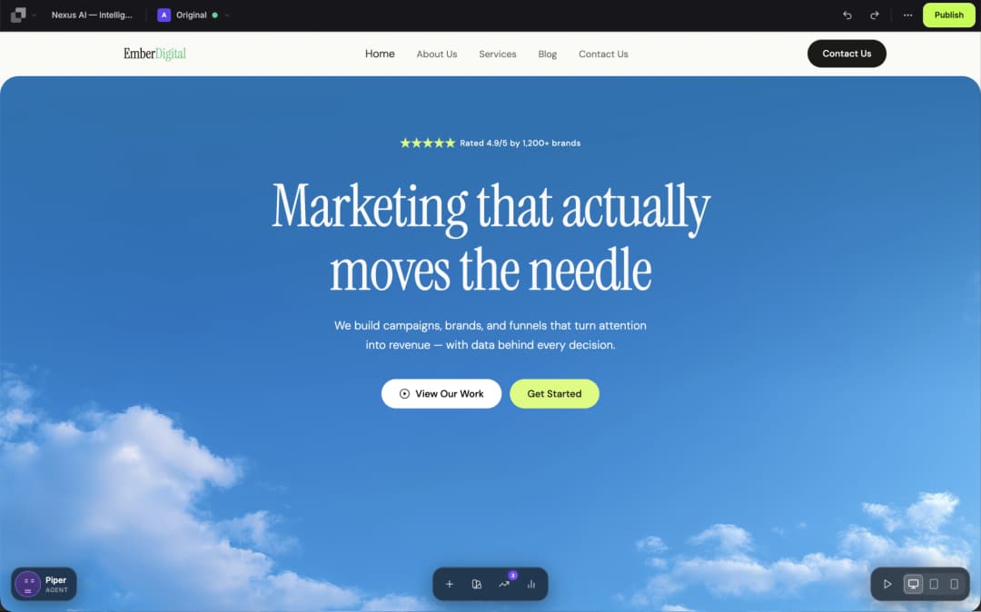 Leadpages editor product-page demonstration with landing page canvas and publishing controls