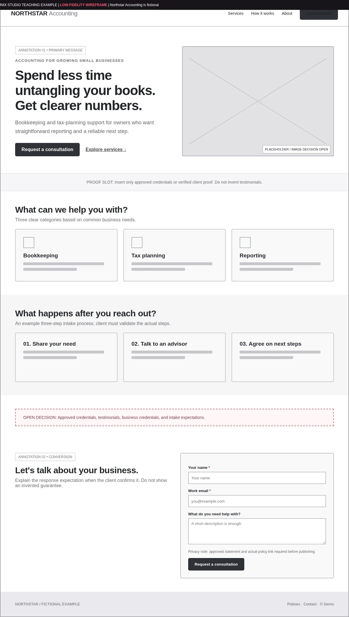 Original grayscale desktop wireframe for an accounting consultation landing page with a hero, service cards, process and