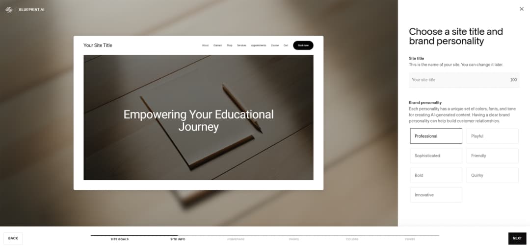Squarespace Blueprint AI setup with site title and brand personality choices