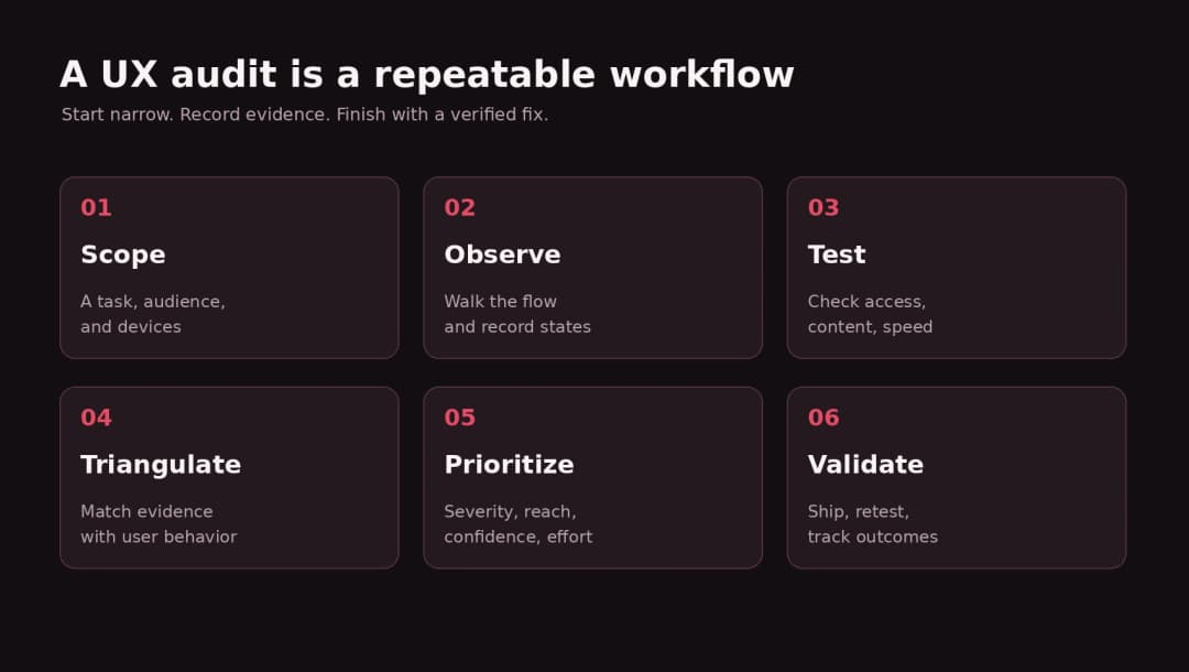 Six steps in a UX audit from scope through validation