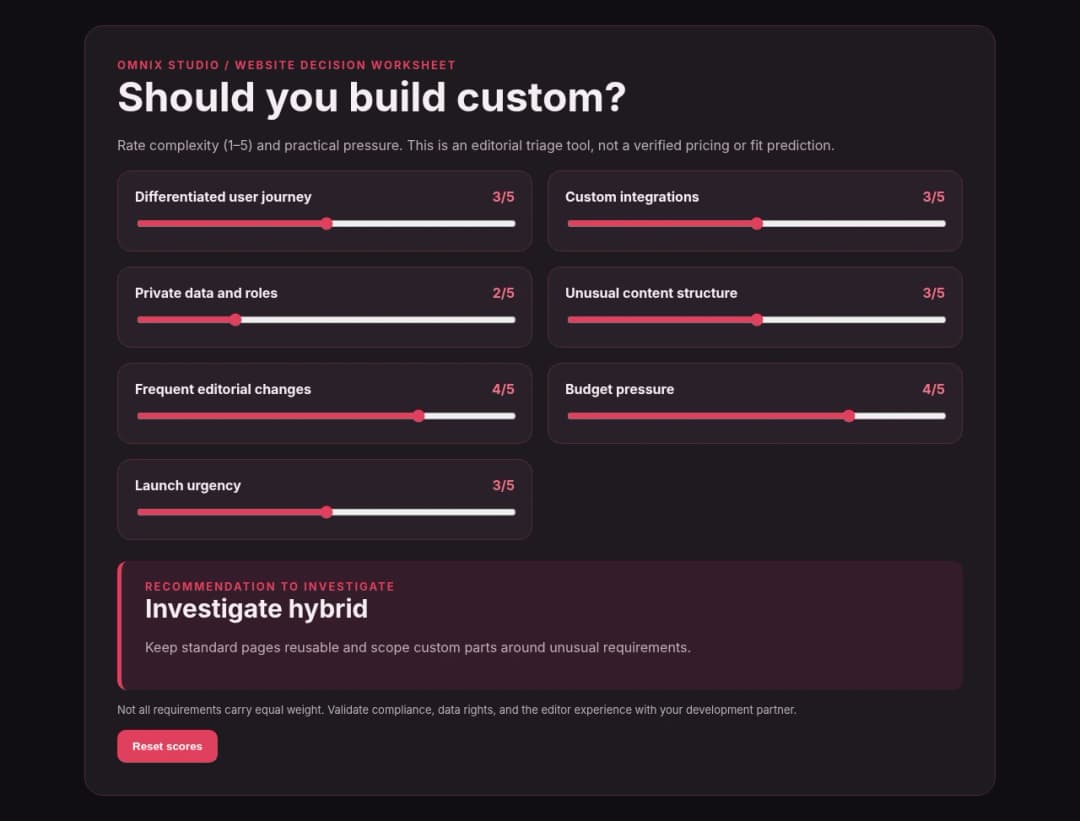 Screenshot of the Omnix Studio original website build decision worksheet