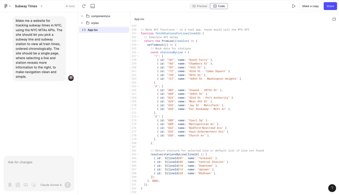 Figma Make built-in code view showing a subway-times example