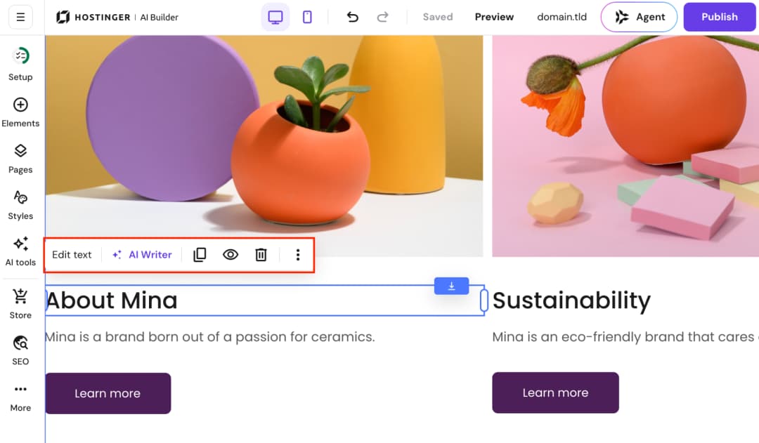 Hostinger AI Builder Manual mode with selected text block, Edit text and AI Writer controls