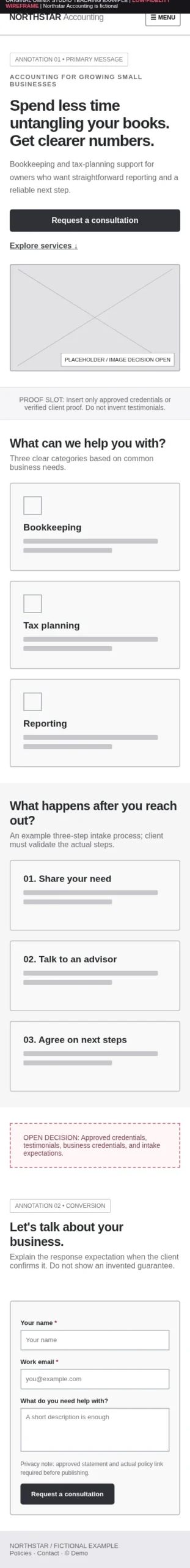 Original narrow-screen mobile wireframe for the same accounting landing page with stacked sections and a menu button