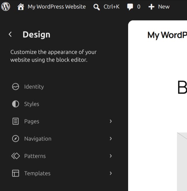 WordPress Site Editor Design navigation, including Patterns and Templates